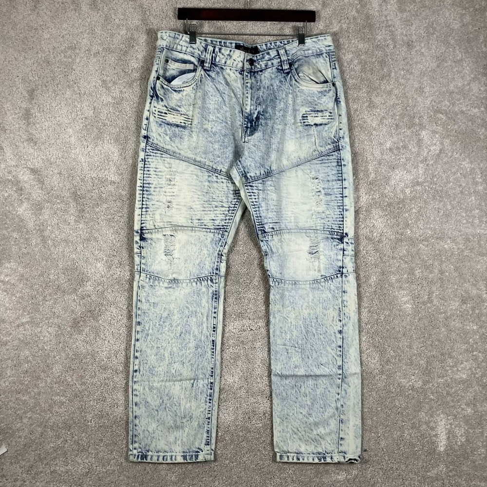 Marc Ecko Cut & Sew Mens Acid Wash Moto Biker Distressed Jeans 38x32 Blue Y2K